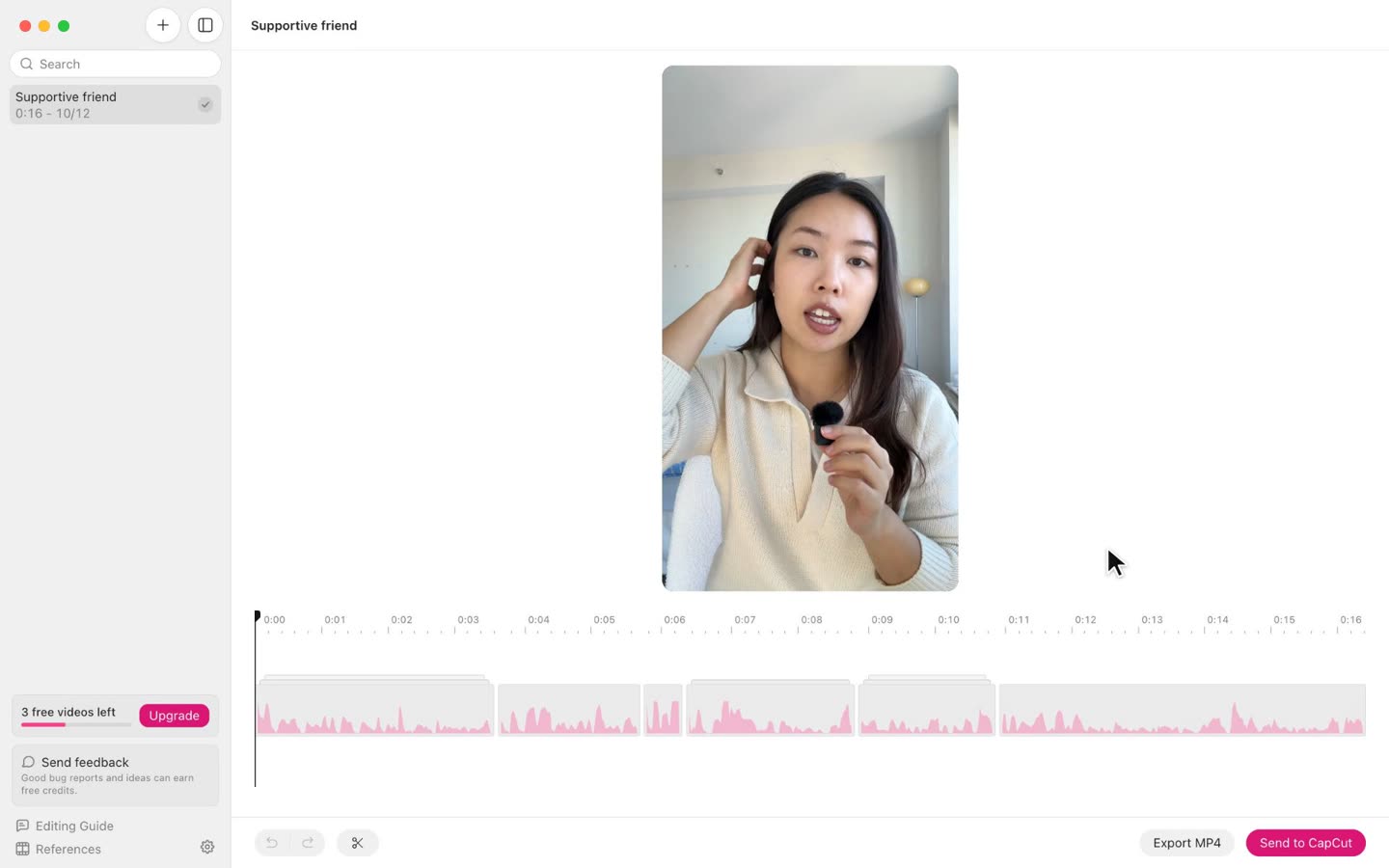 yapcut's editor: a cut playing, with its timeline under it