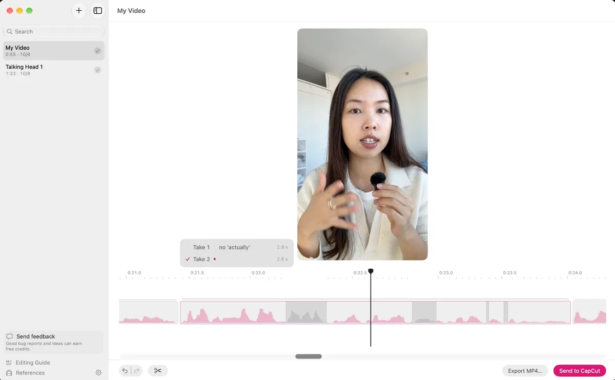 yapcut's editor: the finished cut playing, the timeline of clips under it, and a line's two takes open, with yapcut's note on the one it didn't pick